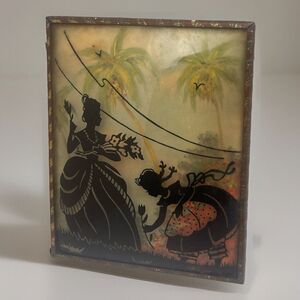Antique Victorian Silhouette Reverse Painted Convex Glass Girls Picking Flowers